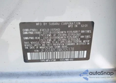 2022 Subaru Crosstrek Premium z USA, uszkodzony, nr VIN JF2GTAPC1NH205378